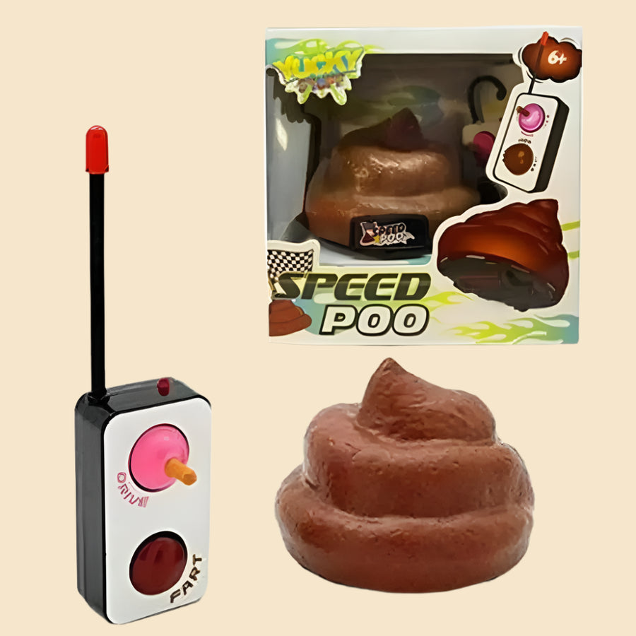 Remote control poop toy with a controller labeled "Drive" and "Fart," styled as a poop emoji.