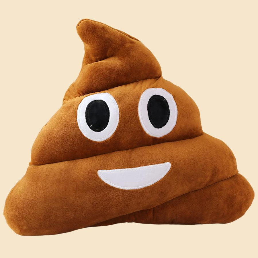 Poop Plushie on beige background, smiling and with large eyes