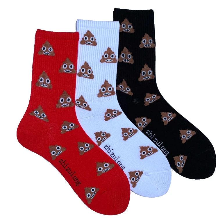 Red, white and black poop emoji socks design on a white background