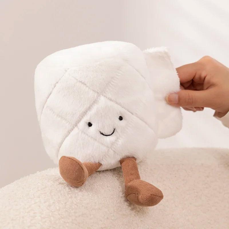 Adorable white toilet roll plushie, 22cm, with brown legs smiling.