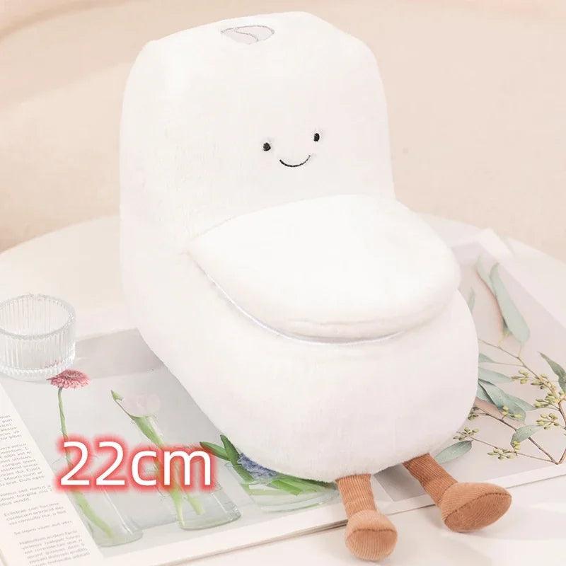 Cute white toilet plushie, 22cm, with open lid and brown legs.