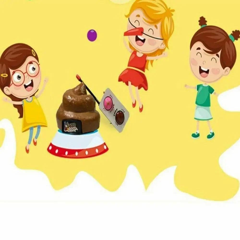 Three cartoon girls playing with a remote control poop car, shaped like a poop emoji, on a yellow background.