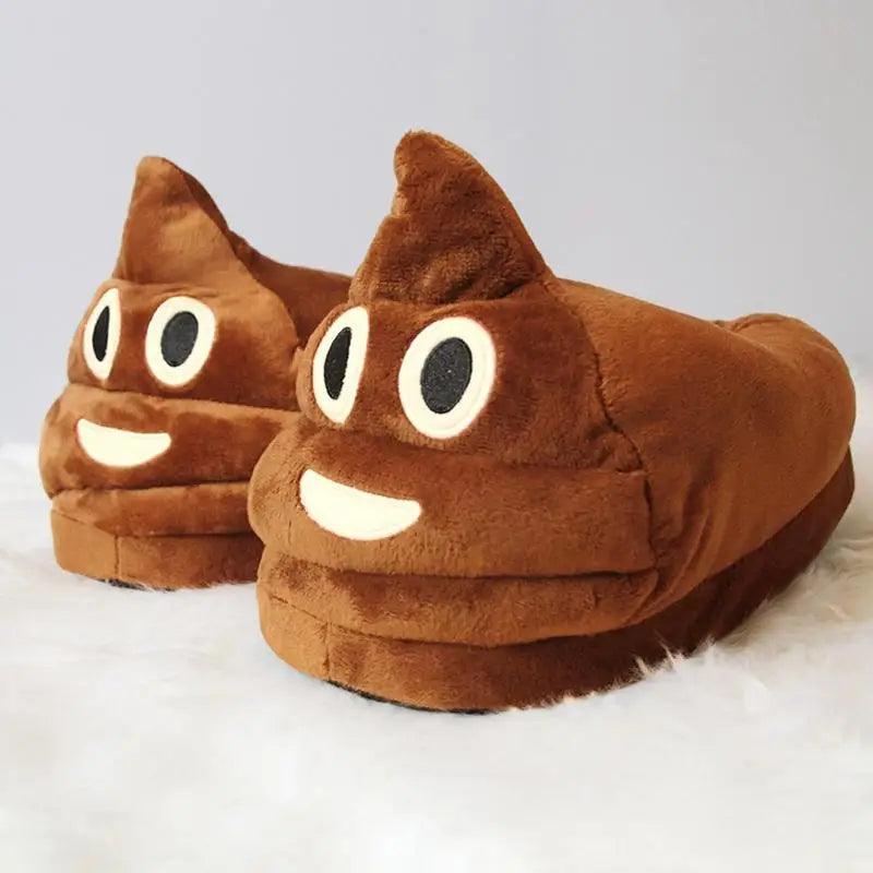 Brown poop slippers with smiling faces on a fluffy white surface, cozy for kids and men and women