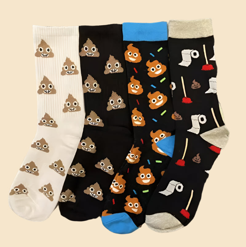 Selection of poop socks on a patterned background