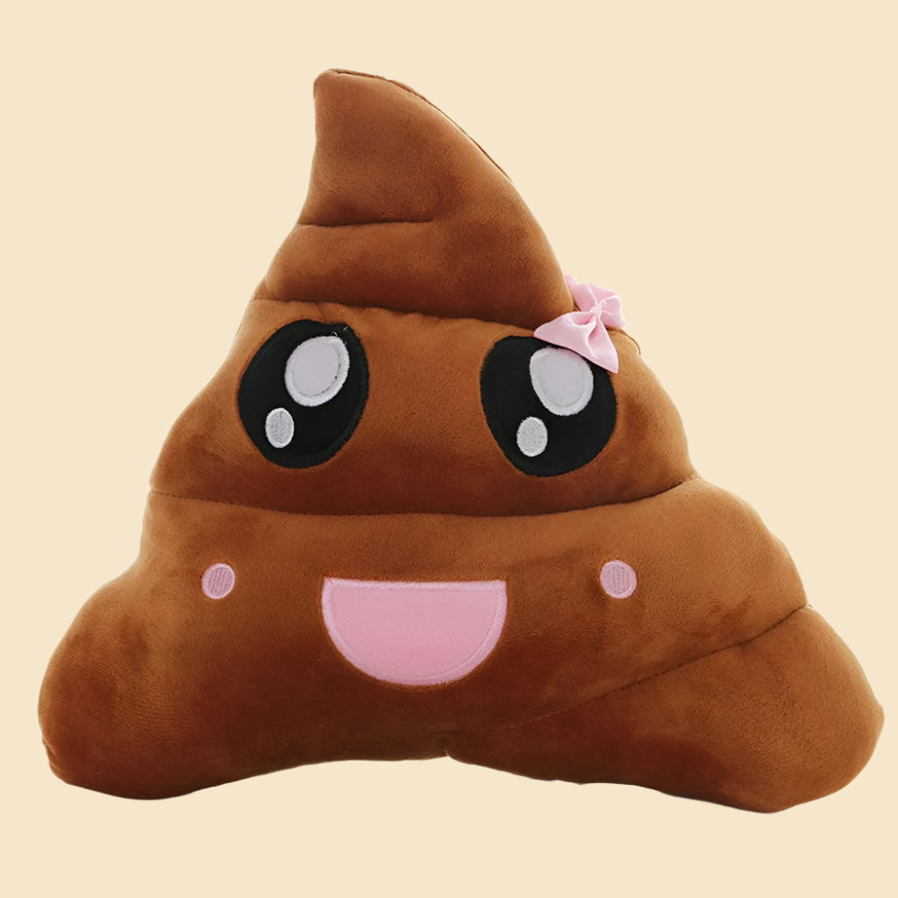Cute giant poop emoji plush with big eyes and pink bow, brown and soft