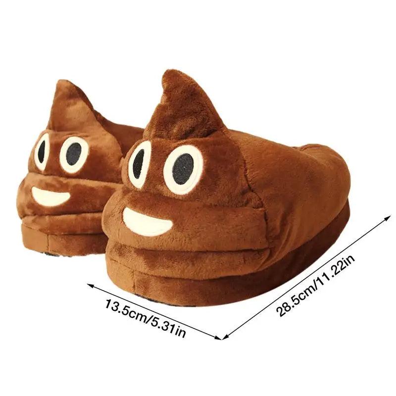 Brown poop emoji slippers with smiling faces on a white background, showing measurements.