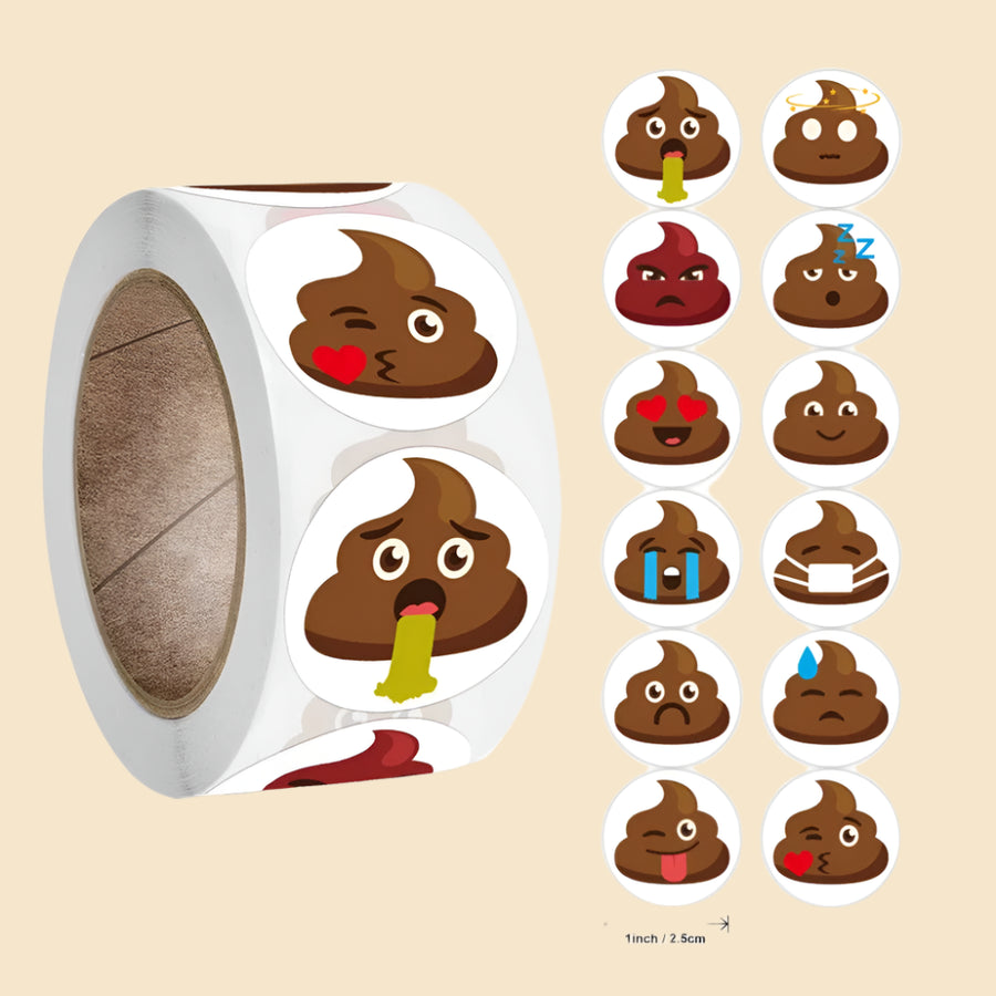 Roll of funny mini poop emoji stickers with various expressions, perfect for decorating.
