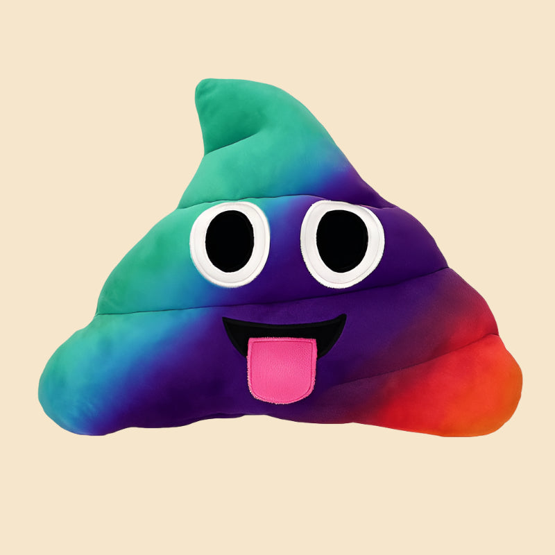 Toungue out, poop plushie, eyes wide and rainbow colors