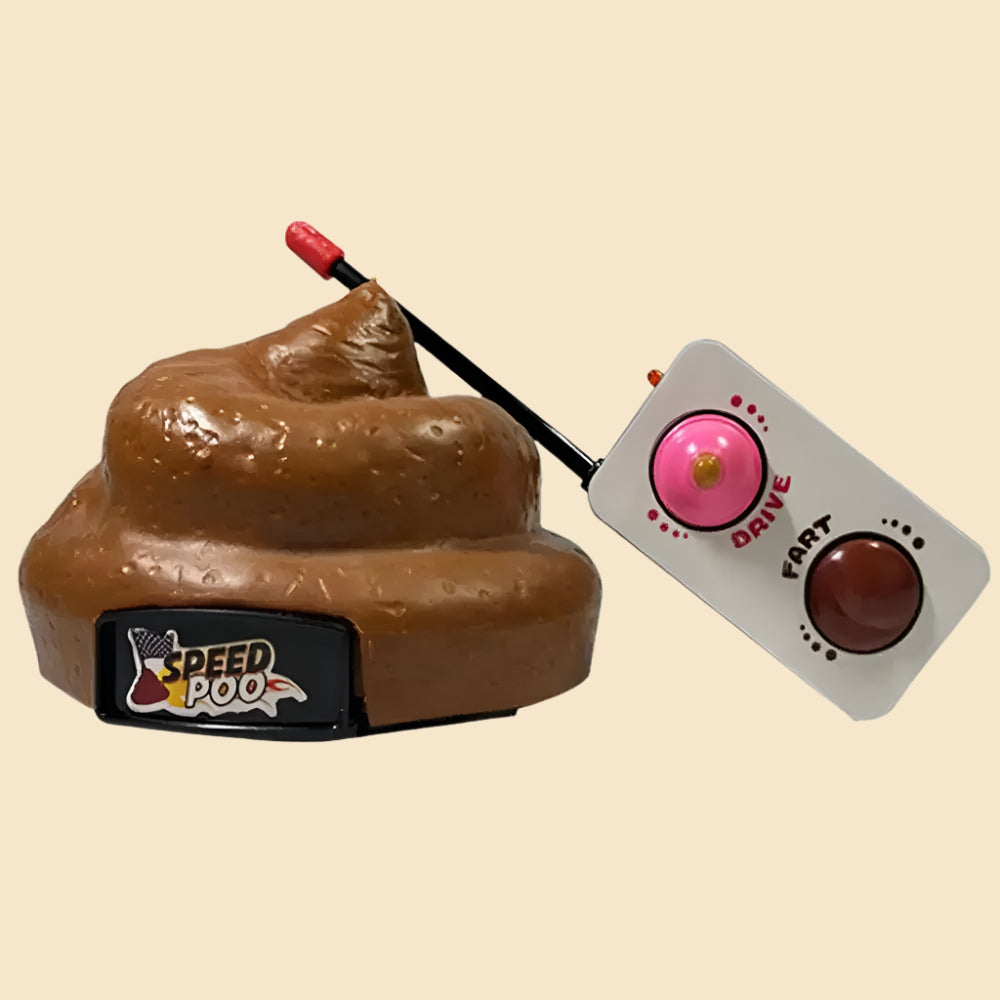 Speed Poo remote control poop toy with a controller labeled "Drive" and "Fart," shaped like a poop emoji.