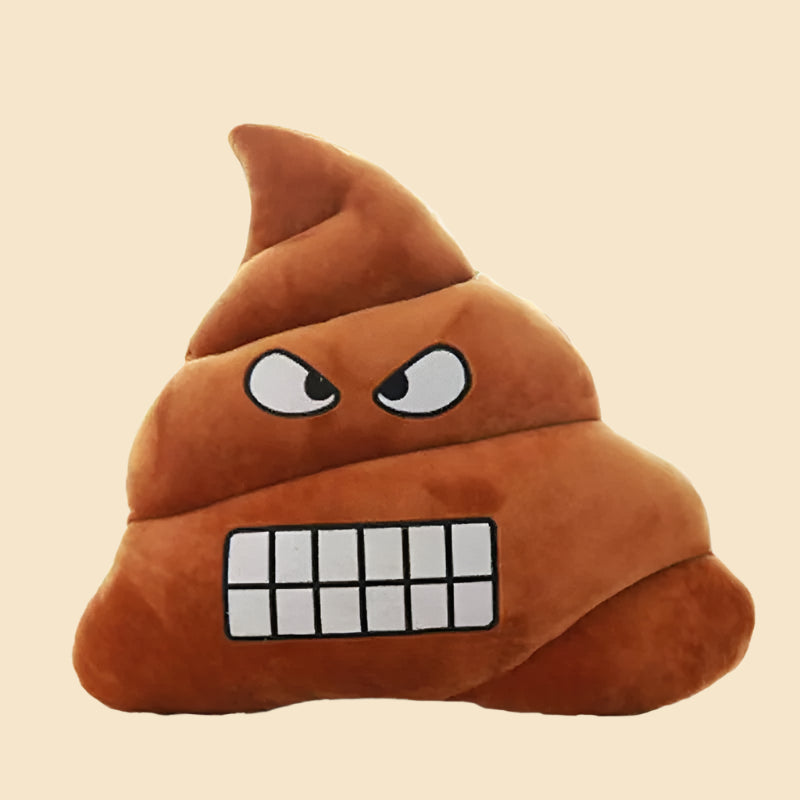 Angry poop emoji pillow, brown plush with fierce expression