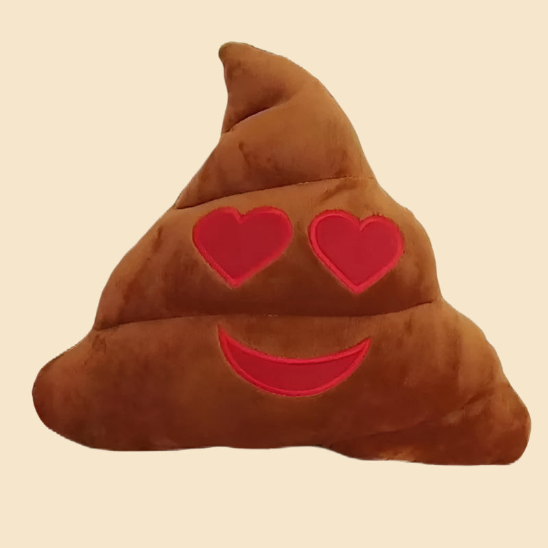 Adorable poop emoji pillow with heart eyes, brown plush