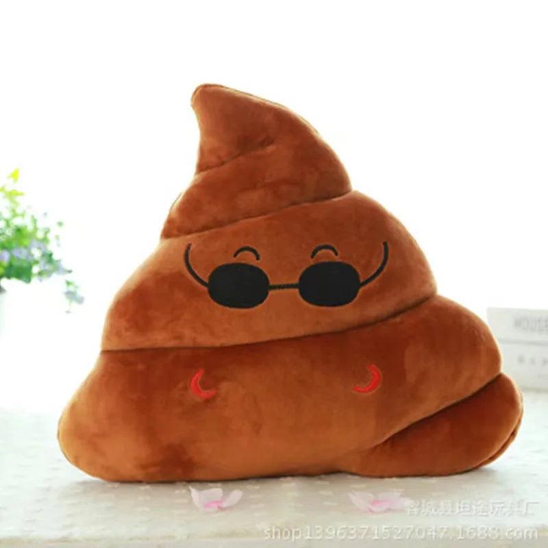 Cute poop emoji pillow with sunglasses, soft brown plush