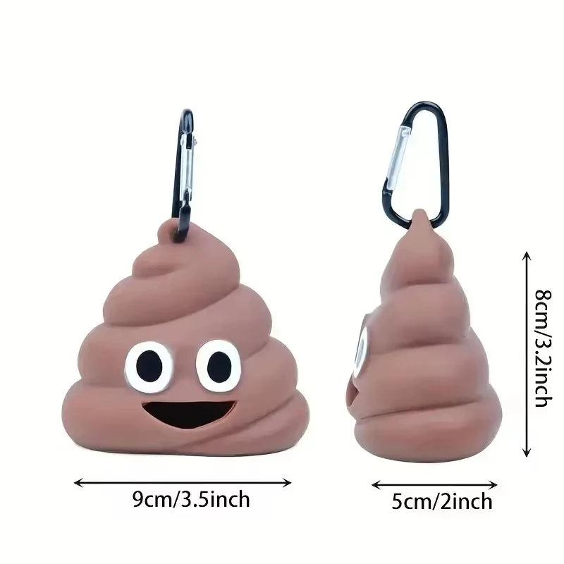 Brown poop emoji poop bag dispenser with dimensions 9cm x 5cm x 8cm, shown with a carabiner clip on a white background.