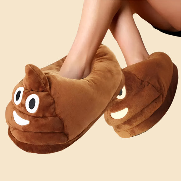 erson wearing brown poop emoji slippers for kids and adults, smiling design on a white background.