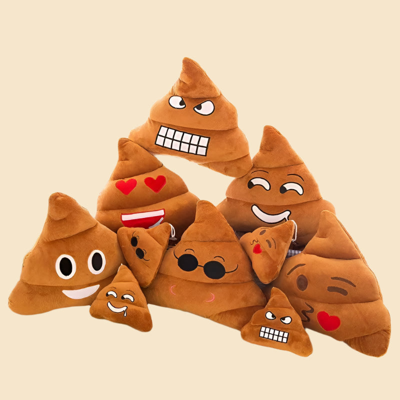 Set of poop emoji pillows, brown plush with various faces