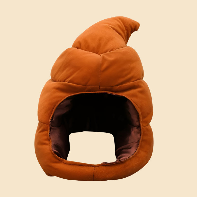 Brown poop head hat on a white background, plush emoji poop hat for costumes.