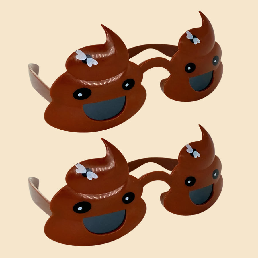Poop emoji glasses with fly details, smiling, on a white background.