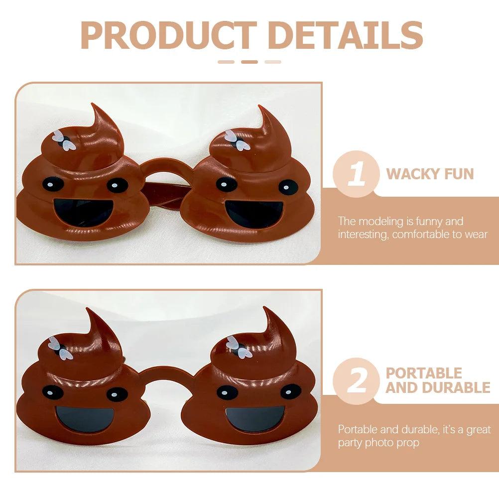 Poop emoji glasses with product details: "Wacky Fun" and "Portable and Durable," on a white background.