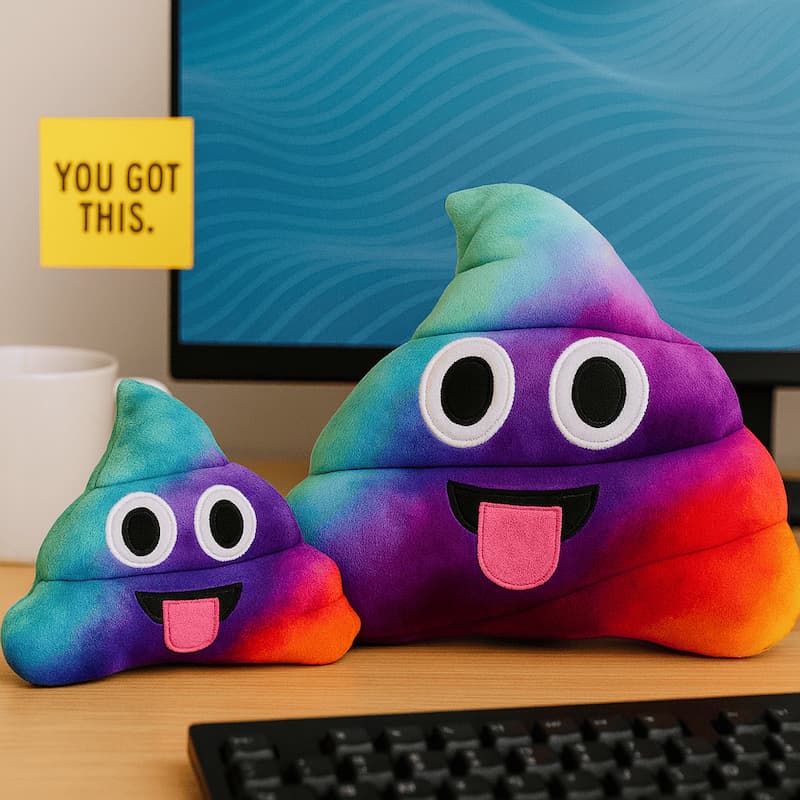 Two rainbow poop emoji pillows in front of a screen, on a office desk, tongues out