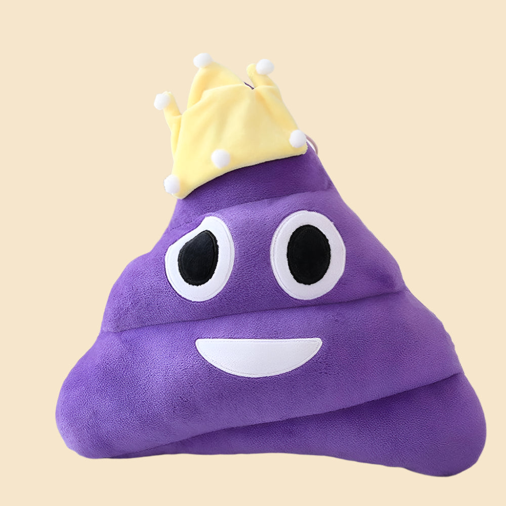 Cute purple poop plushie with crown, front view, on checkered table