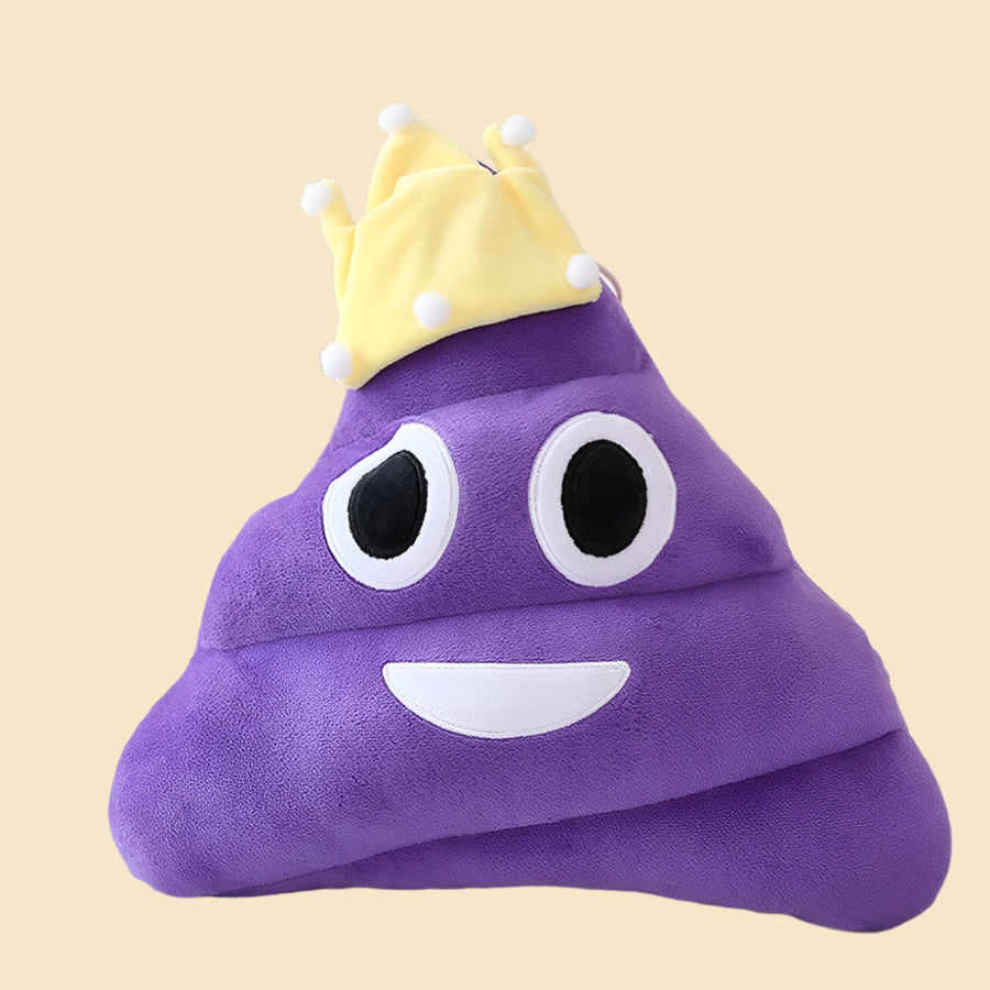 Cute purple poop plushie with crown, front view, on checkered table