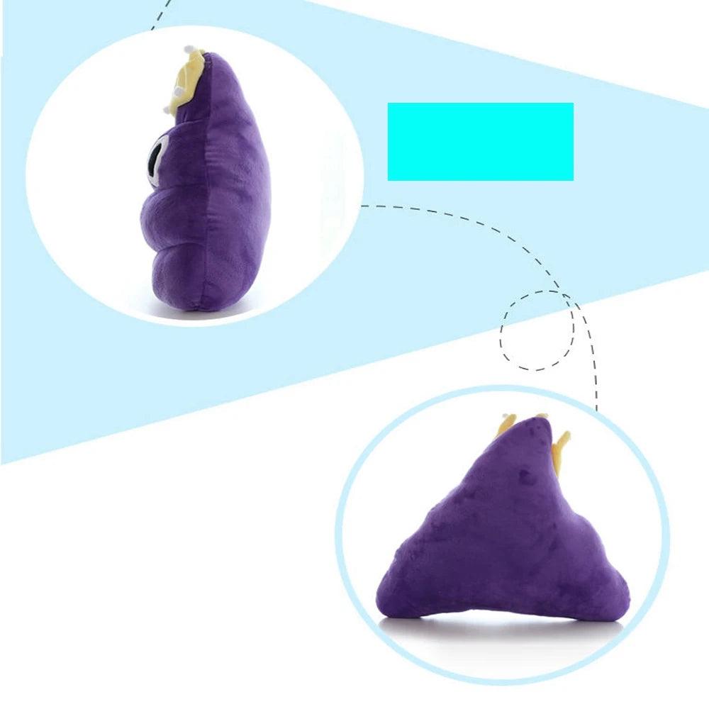 Cute purple poop plushie with crown, side view, on blue background.