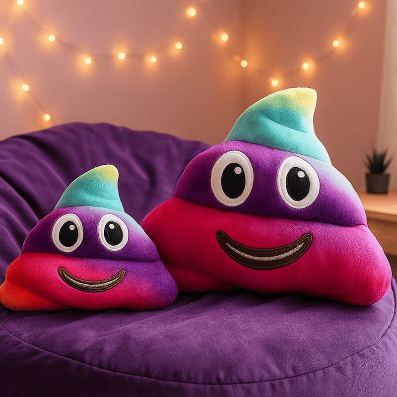 Smiling rainbow poop plush toys on a purple sofa and lights in background