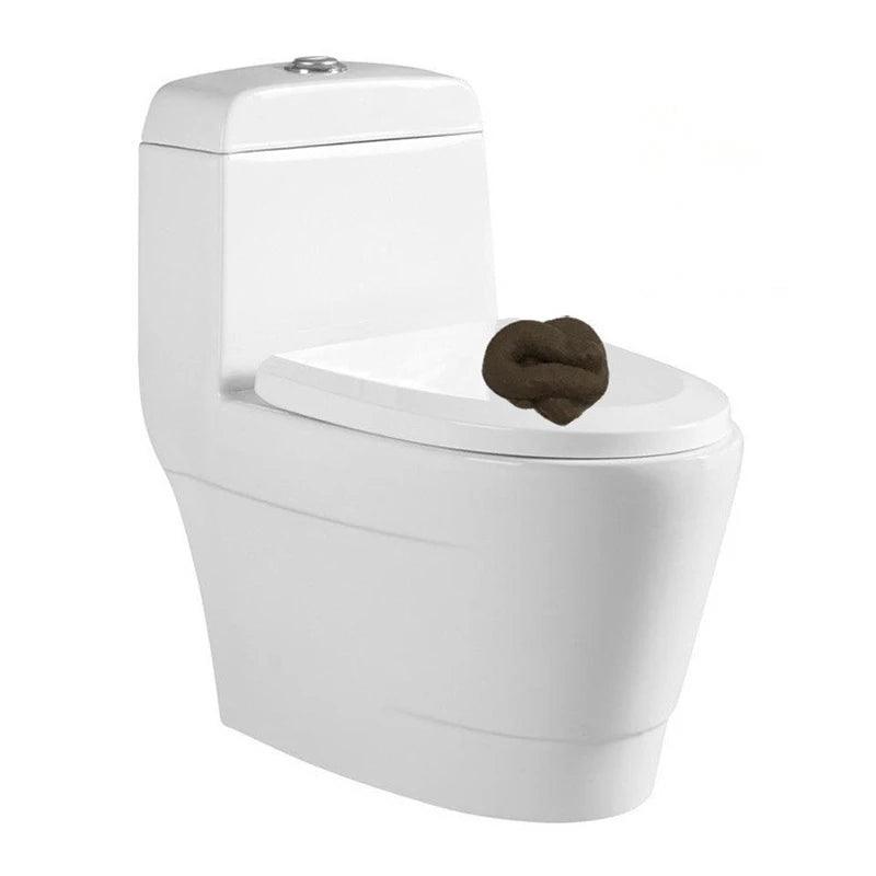 White toilet with realistic fake poop placed on the seat, isolated on a white background.