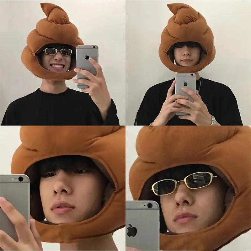 Person taking a selfie in a brown poop hat with a coiled design, perfect for all ages.