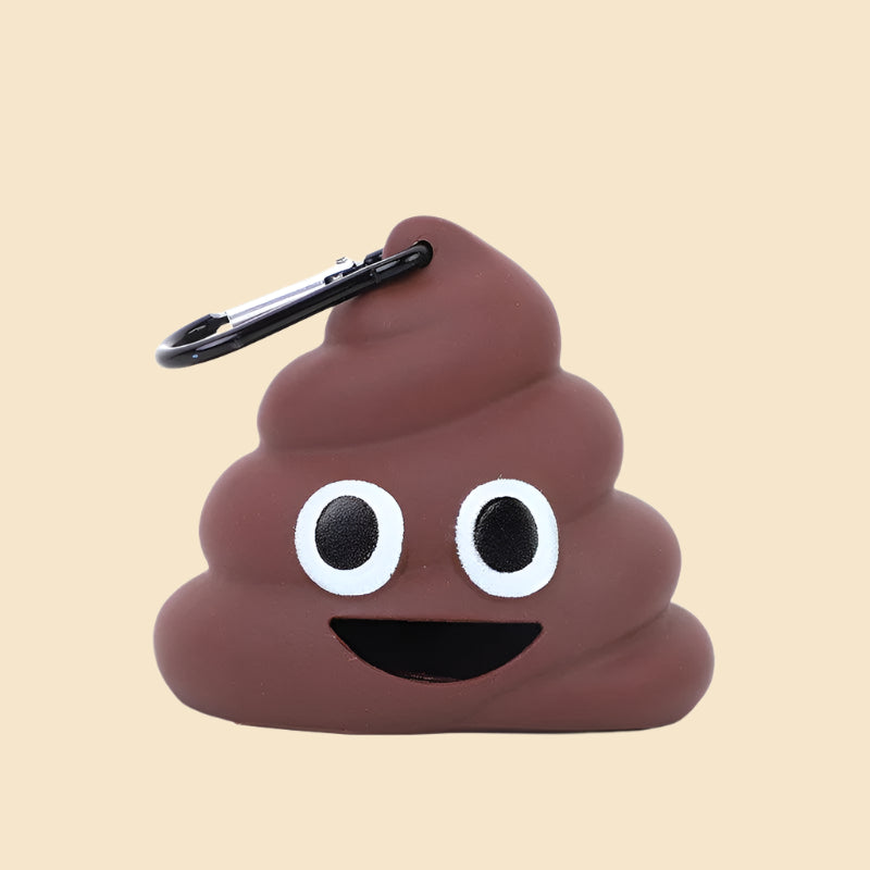 Brown poop emoji bag with a carabiner clip, smiling with big eyes, on a white background.
