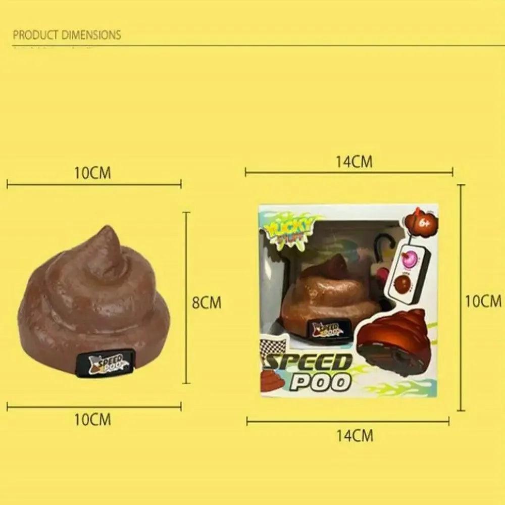 Speed Poo remote control poop toy in packaging with dimensions: 10cm x 8cm x 10cm for toy, 14cm x 10cm for box.
