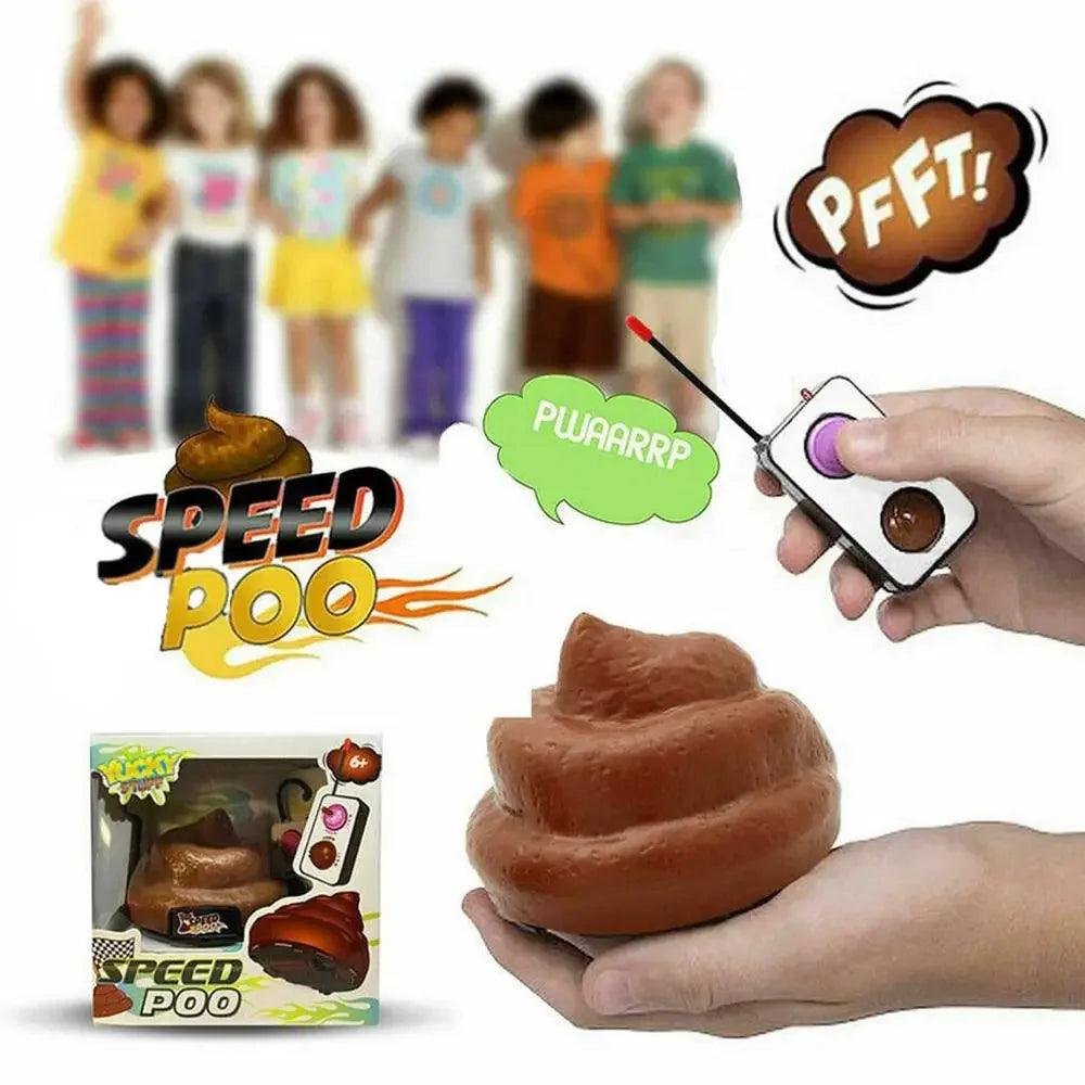 Spped poo remote control with a contoler being held and kids in the background