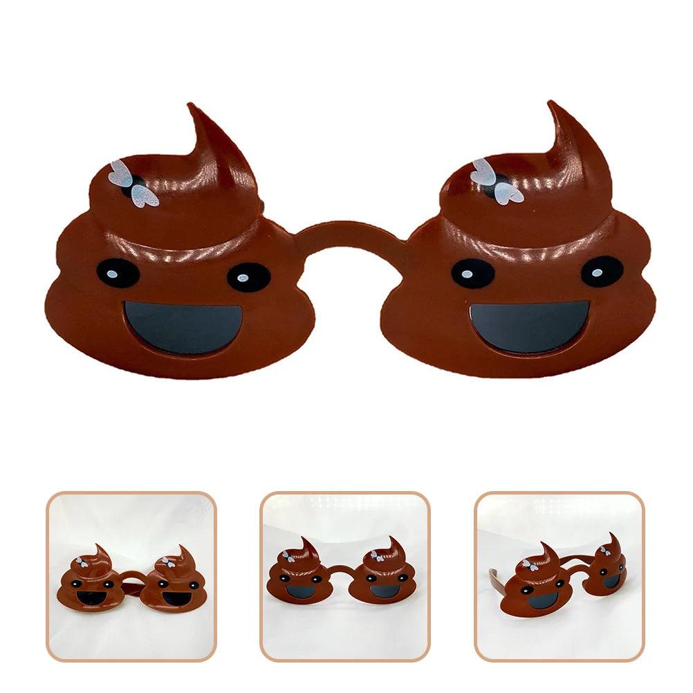 Two pairs of poop emoji glasses with fly details on a white background, showing front view.